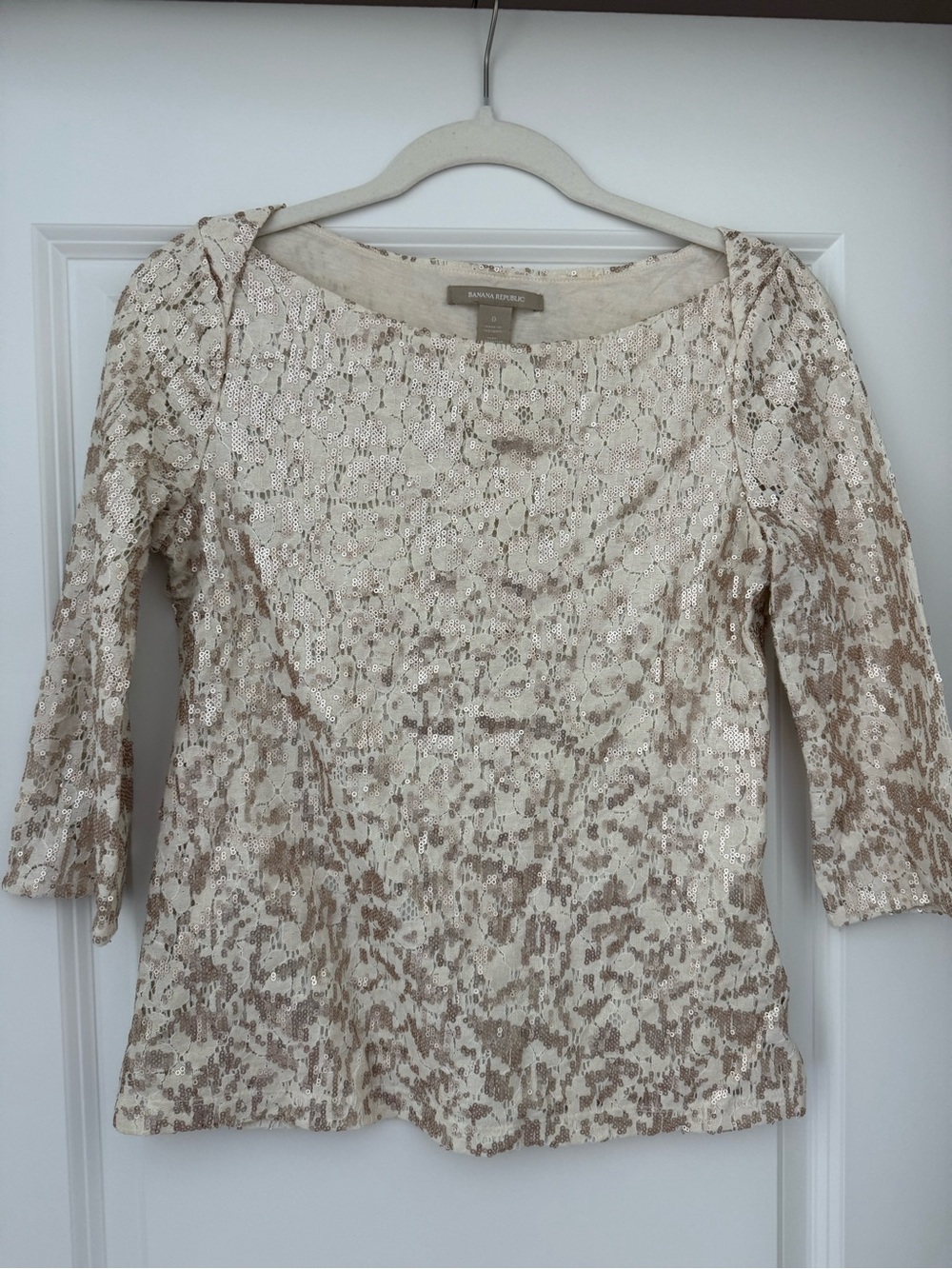 NEW Banana Republic Cream and Taupe Sequin Lace Long Sleeve Top